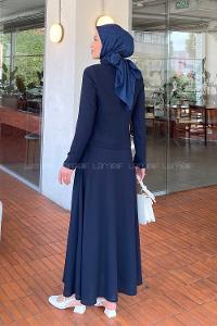 Lamelif Yaka Taş Detaylı Etekli Takım Lacivert