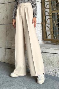 Lamelif Beli Cırt Cırtlı Palazzo Model Pantolon Taş Rengi