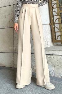 Lamelif Beli Cırt Cırtlı Palazzo Model Pantolon Taş Rengi