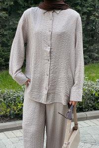 Lamelif Çizgi Detaylı İkili Tesettür Takım Sütlü Kahve