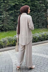 Lamelif Çizgi Detaylı İkili Tesettür Takım Sütlü Kahve