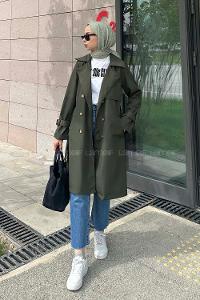 Khaki Long Arm Belted Cotton Trench Coat
