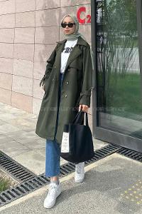 Khaki Long Arm Belted Cotton Trench Coat