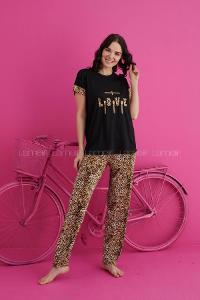 Lamelif Viskon Pijama Takımı Siyah-Leopar