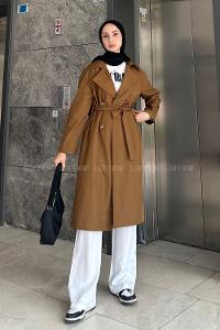 Lamelif Kol Katlamalı Trençkot Camel