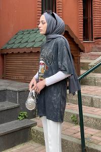 Lamelif Bisiklet Yaka  Baskı Detaylı T-Shirt Füme