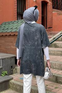 Lamelif Bisiklet Yaka  Baskı Detaylı T-Shirt Füme