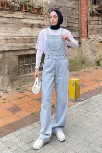 Lamelif Dekoratif Cep Detaylı Kot Tulum Buz Mavisi