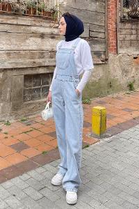 Lamelif Dekoratif Cep Detaylı Kot Tulum Buz Mavisi