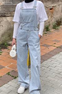 Lamelif Dekoratif Cep Detaylı Kot Tulum Buz Mavisi