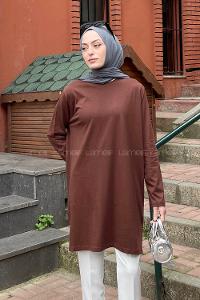 Lamelif İki İplik Yırtmaç Detaylı Tunik Acı Kahve