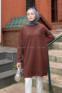 Lamelif İki İplik Yırtmaç Detaylı Tunik Acı Kahve