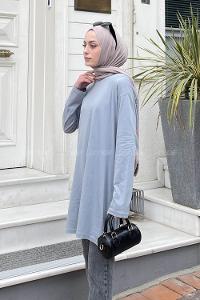 Lamelif İki İplik Yırtmaç Detaylı Tunik Gri