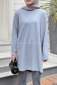 Lamelif İki İplik Yırtmaç Detaylı Tunik Gri