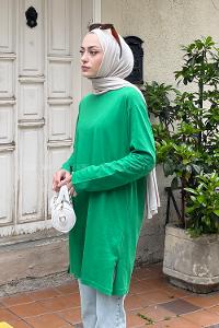 Green Crew Neck Poplin Fabric Tunic