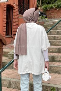 Lamelif  Kabartma Nakış  Kalp Baskılı Tshirt Beyaz