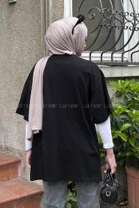 Lamelif  Kabartma Nakış  Kalp Baskılı Tshirt Siyah