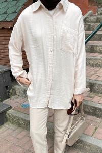 Cream Shirt Collar Long Arm Viscose Fabric Shirt