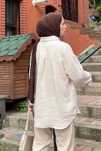 Cream Shirt Collar Long Arm Viscose Fabric Shirt