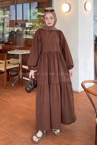 Lamelif Balon Kol Katlı Tesettür Elbise Acı Kahve