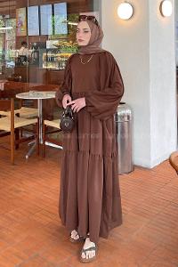 Lamelif Balon Kol Katlı Tesettür Elbise Acı Kahve