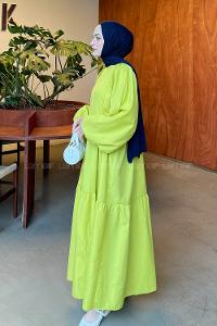 Lamelif Balon Kol Katlı Tesettür Elbise Yağ Yeşili