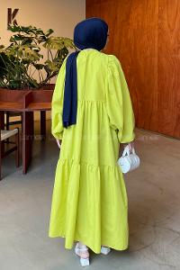 Lamelif Balon Kol Katlı Tesettür Elbise Yağ Yeşili