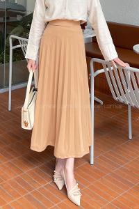 Brown With Milk Viscose Fabric Unprinted Pleated Skirt