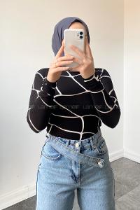 Lamelif Bisiklet Yaka Desenli Body Siyah