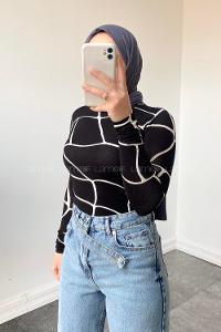 Lamelif Bisiklet Yaka Desenli Body Siyah