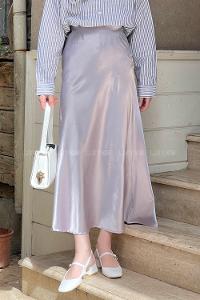 Lamelif Düz Saten Çan Etek  Gri