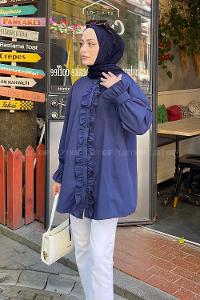 Lamelif Flores Fırfırlı Tunik Lacivert