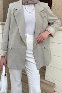 Lamelif Kapak Cep Detay Keten Ceket Kum Beji