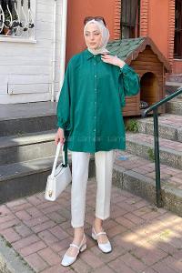 Emerald Green Shirt Collar Long Arm Cotton Shirt