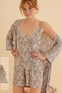 Lamelif Puantiyeli 3 lü Gecelik Takımı Kadın Gri