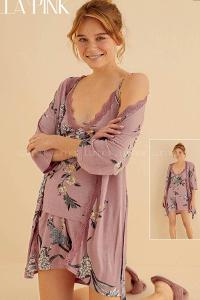 Lamelif Puantiyeli 3 lü Gecelik Takımı Kadın Pudra