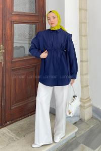 Lamelif Bel Bağlamalı Omuz Vatkalı Gömlek Lacivert