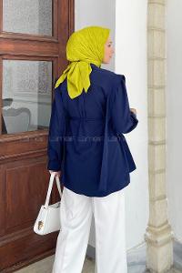 Lamelif Bel Bağlamalı Omuz Vatkalı Gömlek Lacivert