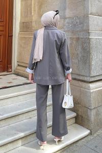 Lamelif Kapak Cep Detaylı Blazer Ceket Gri