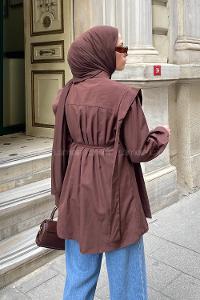Lamelif Bel Bağlamalı Omuz Vatkalı Gömlek Acı Kahve