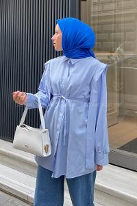 Lamelif Bel Bağlamalı Omuz Vatkalı Gömlek Bebe Mavisi