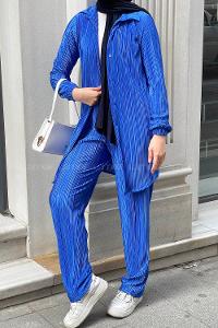 Lamelif Pliseli Saten Kumaş Tesettür Takım Mavi