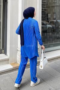 Lamelif Pliseli Saten Kumaş Tesettür Takım Mavi