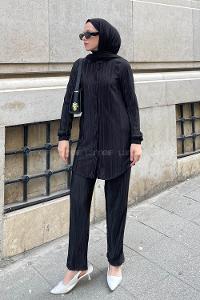 Black Shirt Collar Long Arm Cotton Lycra Regular Trousers Pleated Suit