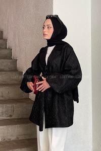 Black V Neck Balloon Sleeve Arm Poplin Fabric Jacket