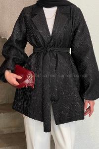 Black V Neck Balloon Sleeve Arm Poplin Fabric Jacket