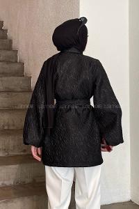 Black V Neck Balloon Sleeve Arm Poplin Fabric Jacket