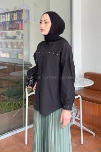 Lamelif Gümüş Taş Detaylı Gömlek Siyah