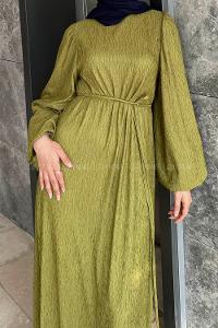 Lamelif Balon Kol Kuşaklı Damla Elbise Yağ Yeşili