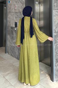 Lamelif Balon Kol Kuşaklı Damla Elbise Yağ Yeşili